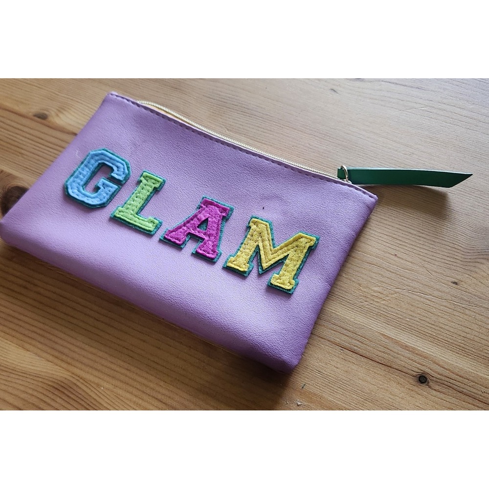 Purple Multicolor "GLAM" Patch Zipper Makeup Bag Pouch Case Organizer